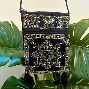 Embroidered Purse Ethnic Black Crossbody Bag with‎ Sequins and Tassels